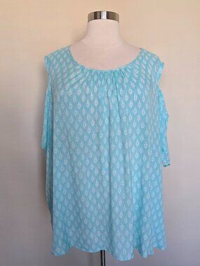Catherines Plus Size 4X 30/32 Short Sleeve Cold Shoulder Aqua Teal Blue Top NWT